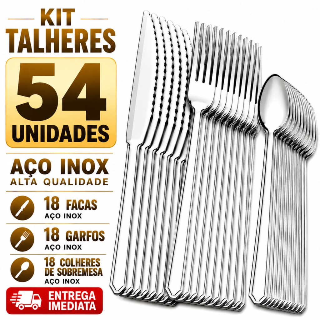 Jogo 54 Talheres Inox 18 Faca 18 Garfo 18 Colher de Sobremesa Casa Cozinha Restaurante Eventos Buffet