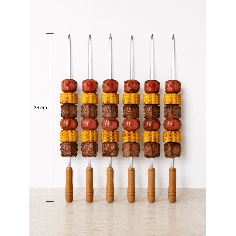 Kit 6 Mini Espetos para Churrasco 26cm Cabo de Madeira Espeto Inox Reutilizável Petiscos e Carne