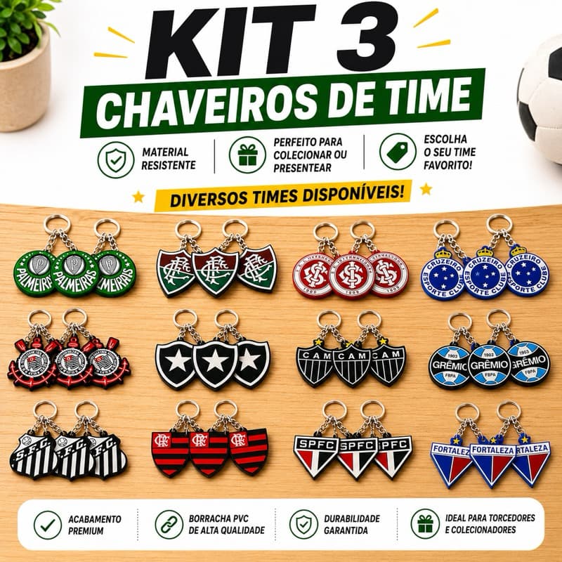 Kit 3 Chaveiros de Times Emborrachados Qualidade Premium