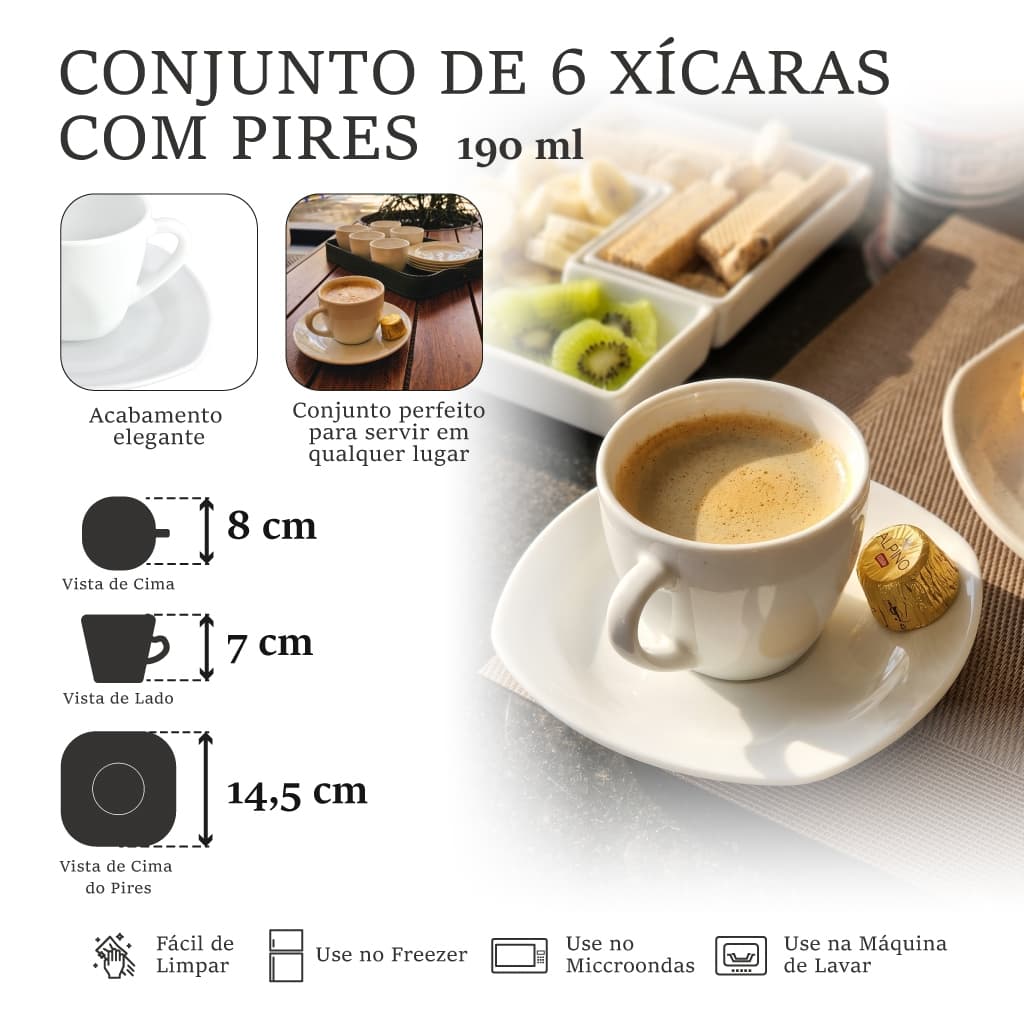Jogo De Xícaras 190ml Com Pires 6 Peças Opalina Branca Café Expresso E Chá Louça Premium Cantinho Do Café