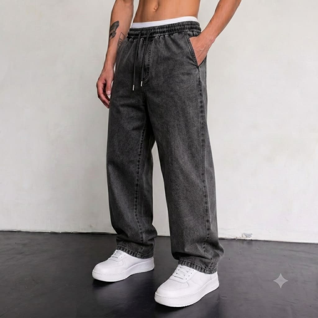 Calça Jeans Masculina Balão Cinza Cos Elástico Cordão