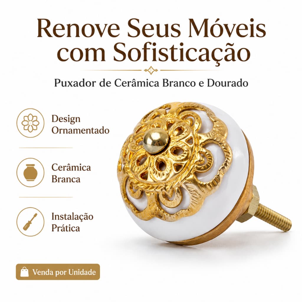 Puxador Cerâmica Branco Dourado Armario Gaveta Guarda Roupa