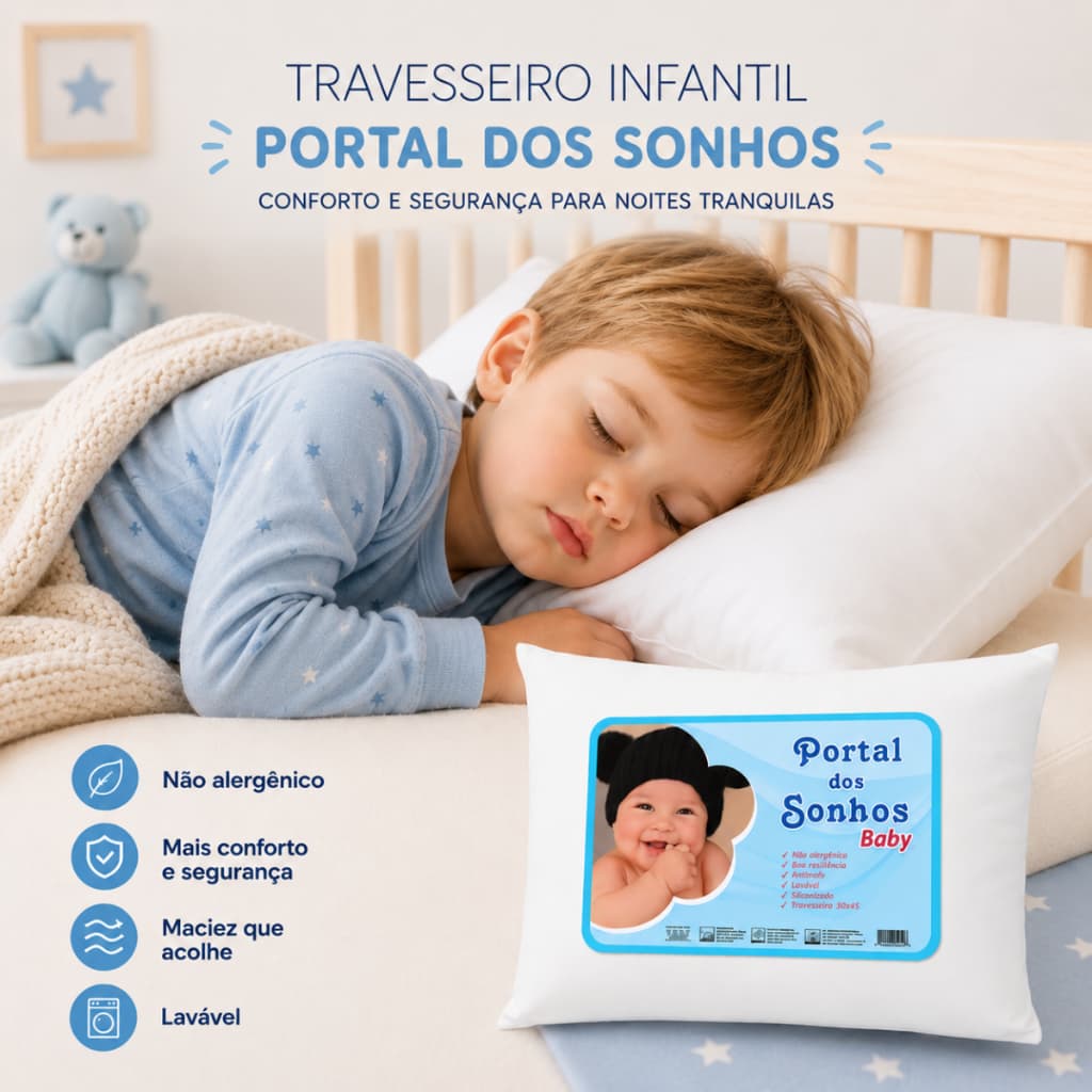 Travesseiro Bebê Antialergico 30x45 Para Criança de 0 á 3 anos Hipoalergênico Branco Lavável á Maquina