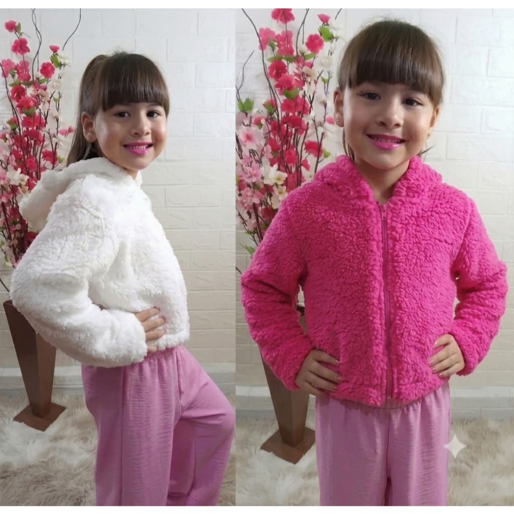 Kit 2 Casacos Infantil Feminino Teddy Jaqueta Inverno Quentinho Com Capuz Blusa De Frio Sherpa Macio