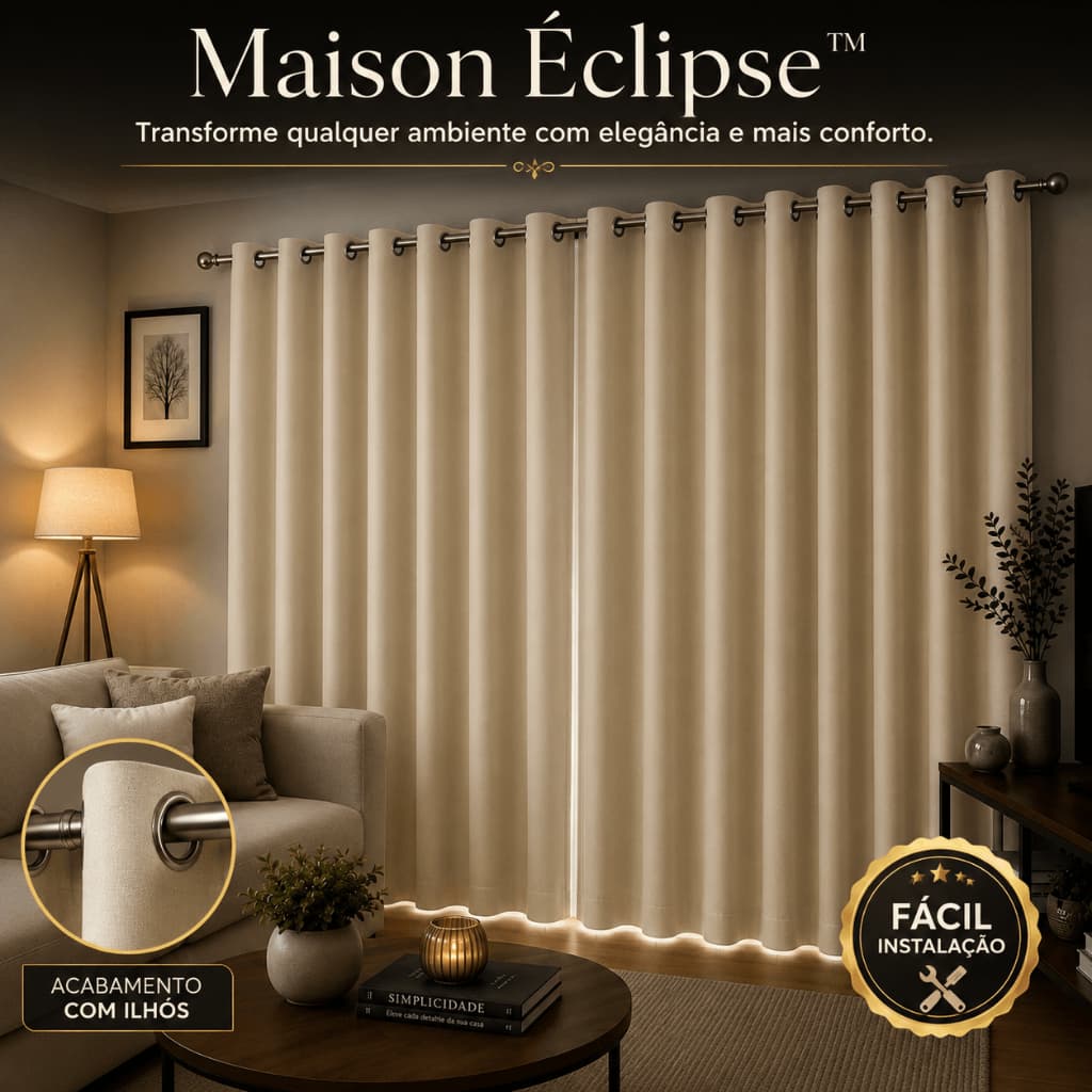 Cortina Blackout 280x250cm Bege Com Ilhós Corta Luz Tecido Premium Para Quarto Sala Janela Grande