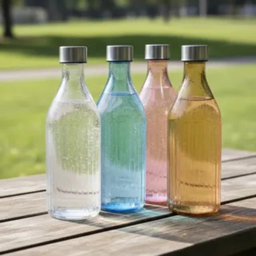 Garrafa de Vidro 1L Para Água Suco Geladeira Tampa Inox Colorida Canelada Filete Quadrada Hermética