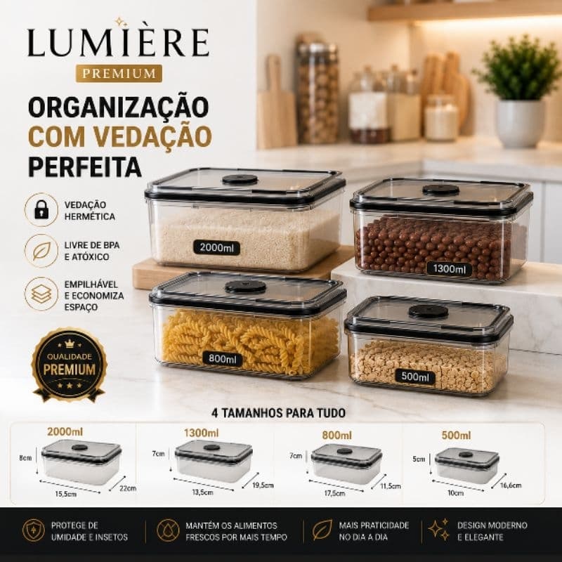 Kit 4 Potes Herméticos Lumière Premium 500ml 800ml 1300ml 2000ml Tampa Vedante