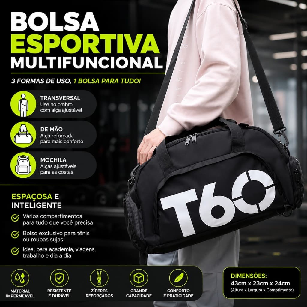 Bolsa Academia Esportiva Multifuncional Impermeável 3 em 1 Compartimento para Tênis Mala de Bordo Preta