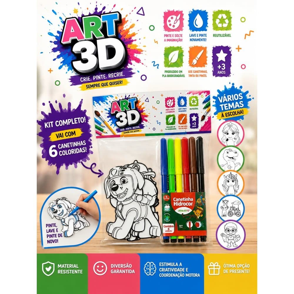 Kit Pinturinha Reutilizável para Colorir | Brinquedo Educativo Infantil Lavável | Lava e Pinta Novamente | Vários Temas