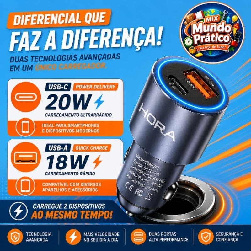 Carregador Veicular Rápido 38W 2 entradas USB-C PD e USB-A QC