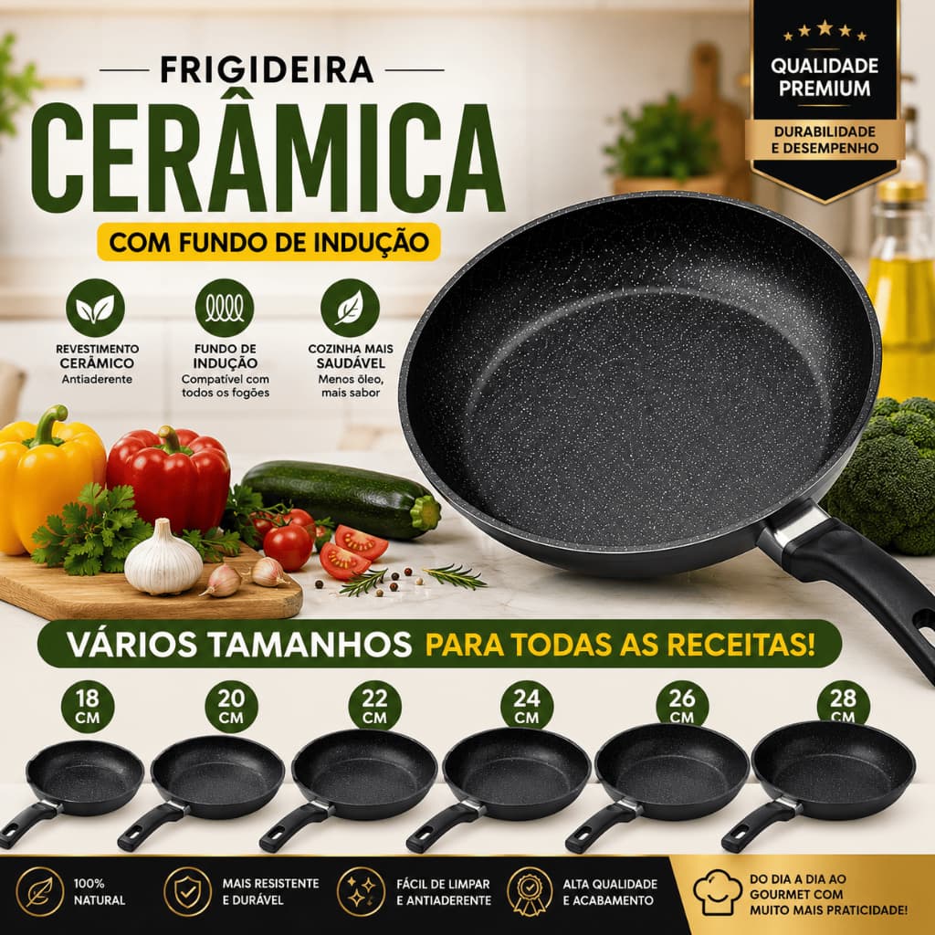 Frigideira Cerâmica Antiaderente Fundo Indução 18 20 22 24 26 28cm Alumínio Compatível Gás Elétrico Vitrocerâmico