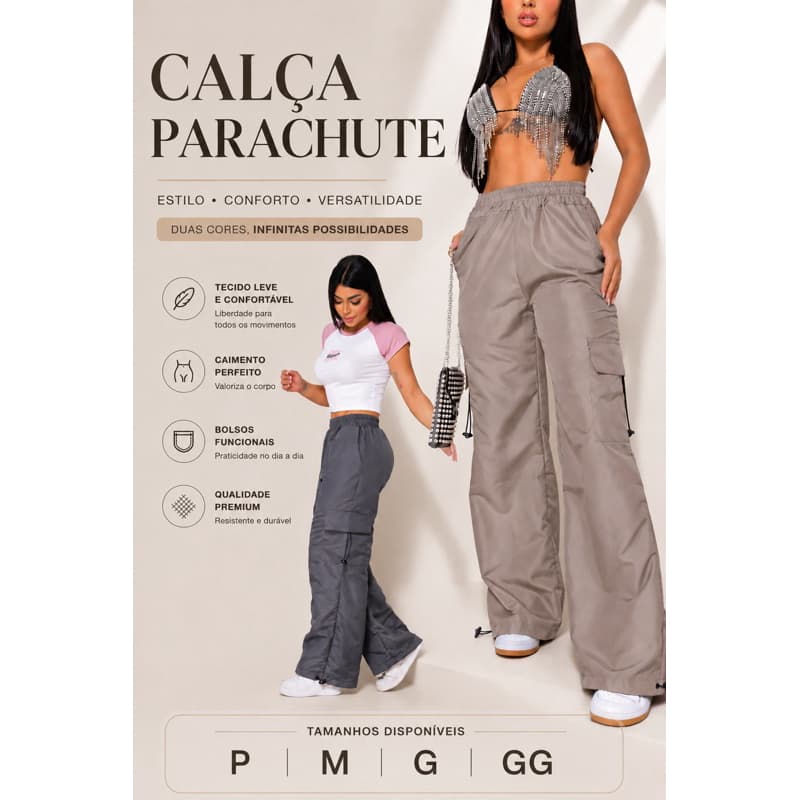 Calça  Parachute Feminina Tactel Cargo Cintura Alta Bolsos Largos Stretwear Moda Casual Oversized