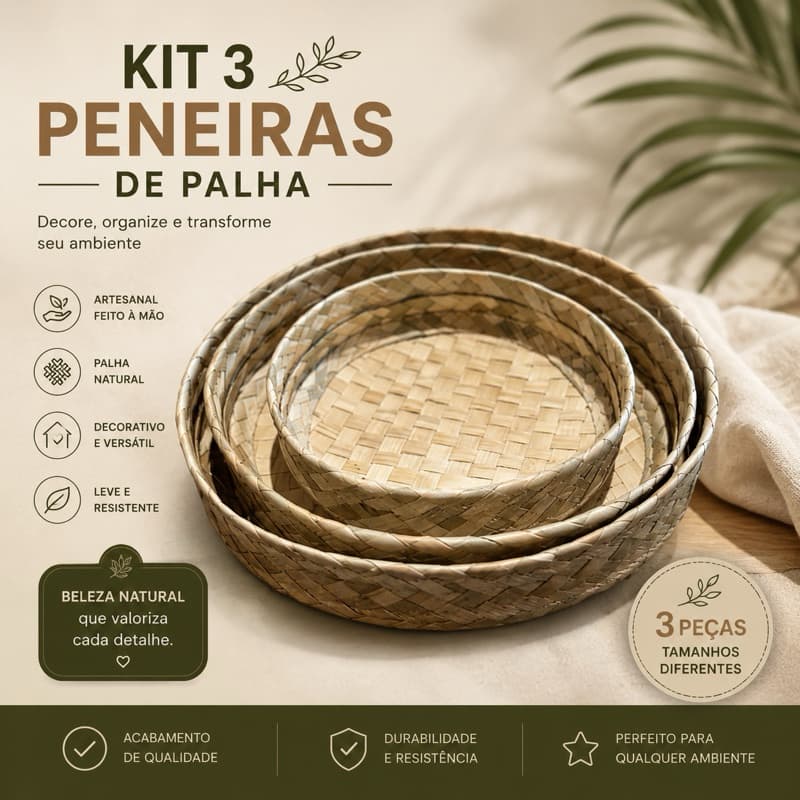 Kit 3 Peneiras de Palha Decorativo 20/25/30 cm Decoração de parede/ ambiente