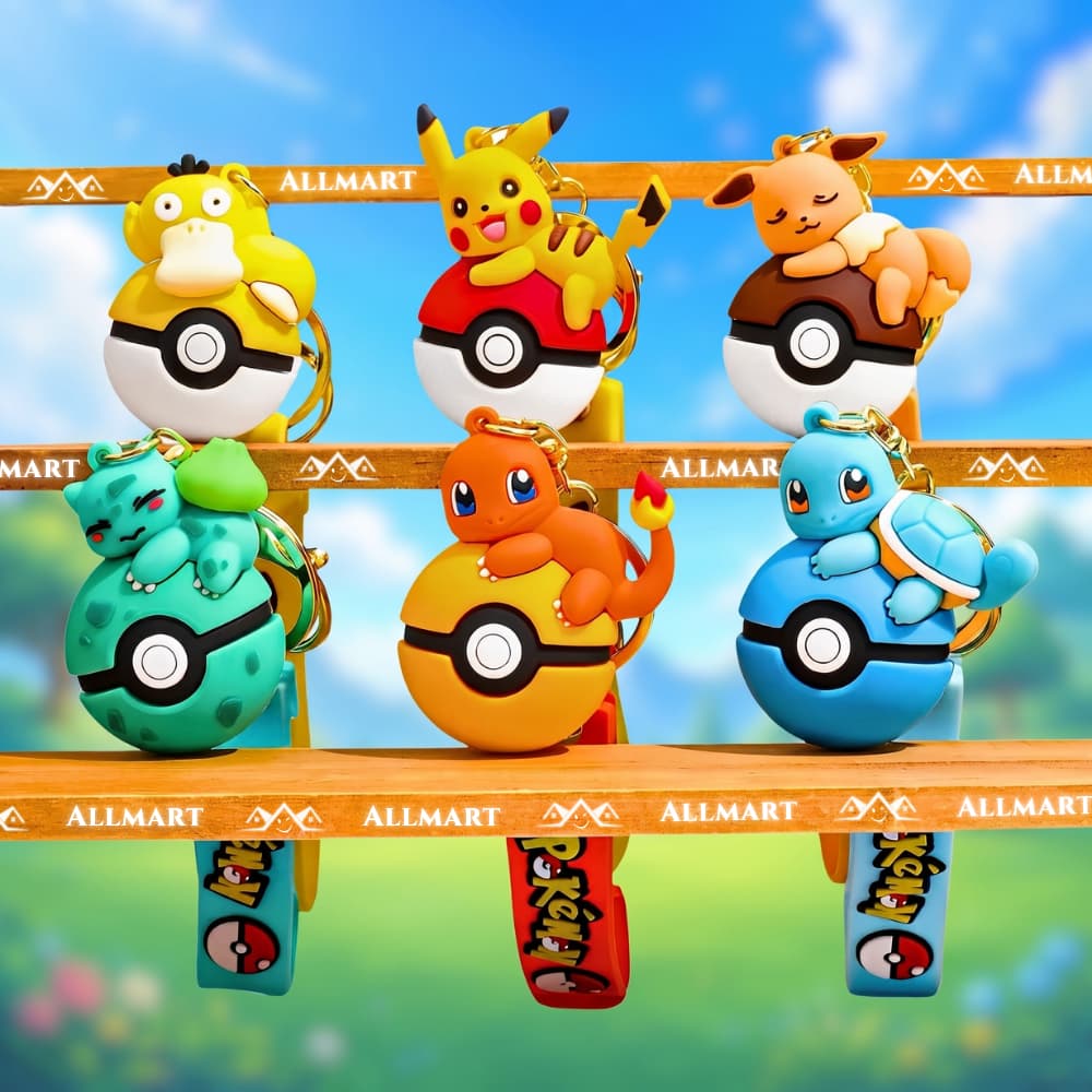Chaveiro Pokémon 3D com Pokébola | Pikachu Eevee Charmander Squirtle Bulbasaur Psyduck