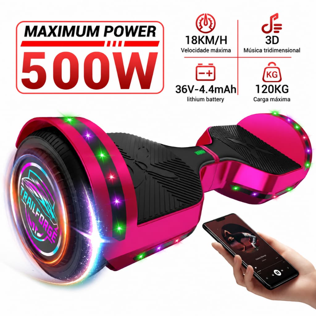 TRAILFORGE Hoverboard H1 Modelo para adultos e crianças de 500 W com luz e música Brinquedo infantil