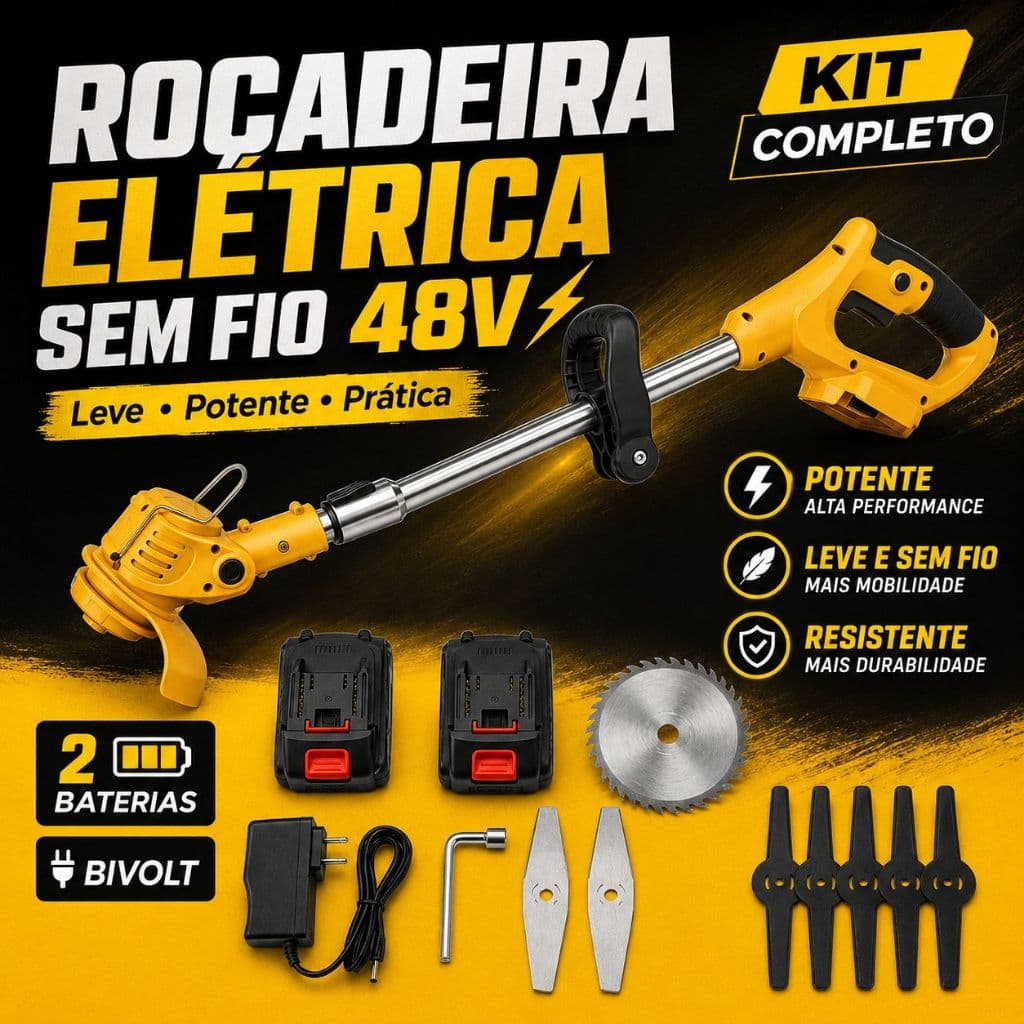 Máquina Elétrica de Cortar Grama Sem Fio 48V com 2 Baterias Leve Portátil para Jardim Quintal Área Externa Mato e Casa
