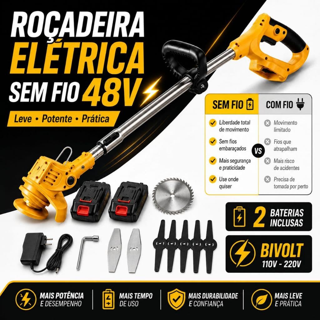 Máquina de Cortar Grama Sem Fio 48V com 2 Baterias Portátil Leve para Jardim Quintal Gramado e Limpeza de Mato da Casa
