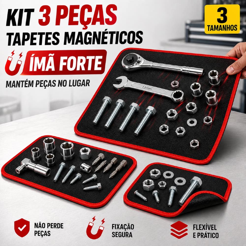 Kit 3 Tapetes Magnéticos Flexíveis para Ferramentas - Bandeja Magnética para Parafusos e Peças