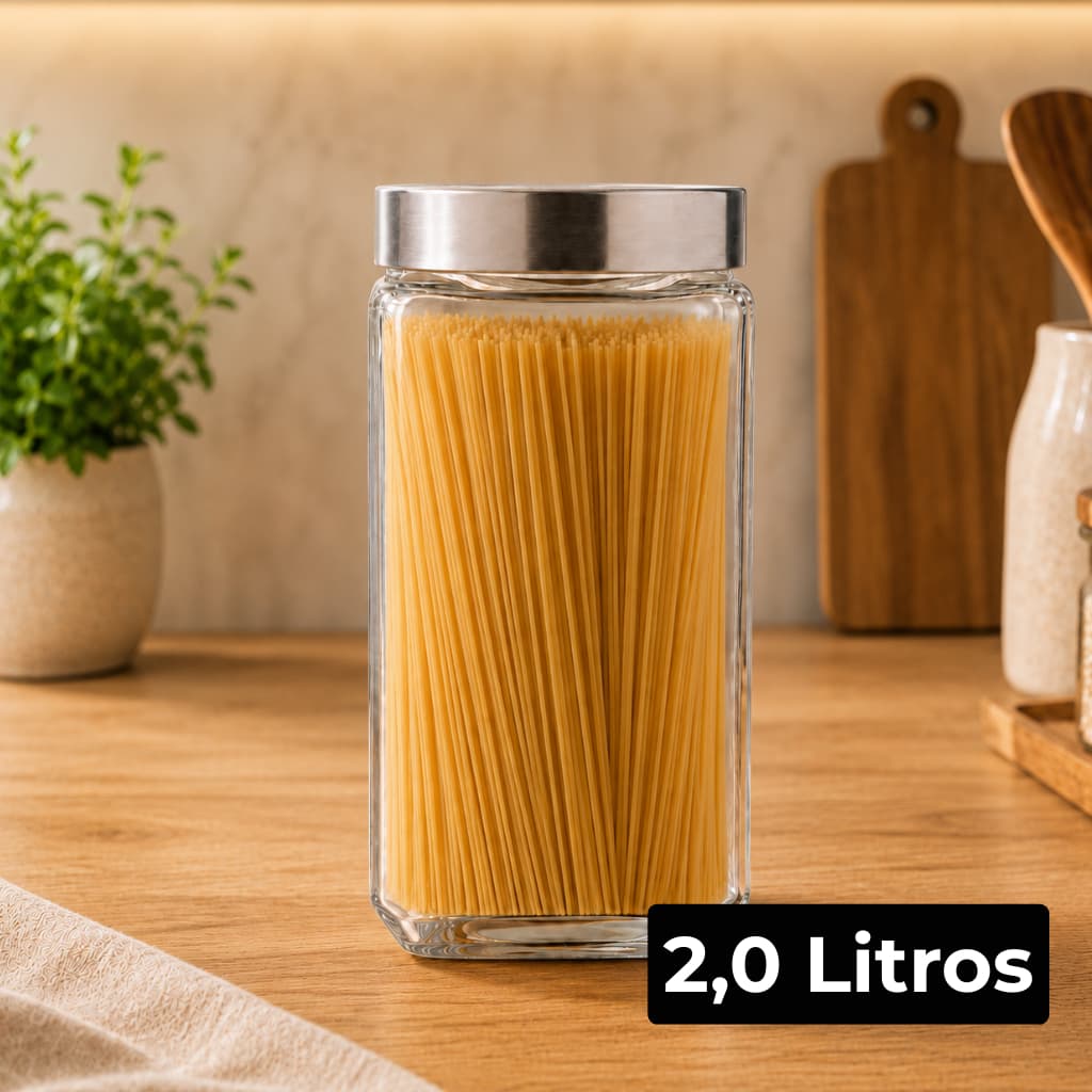 Pote De Vidro 2,0L Quadrado Com Tampa De Rosca Inox Resistente