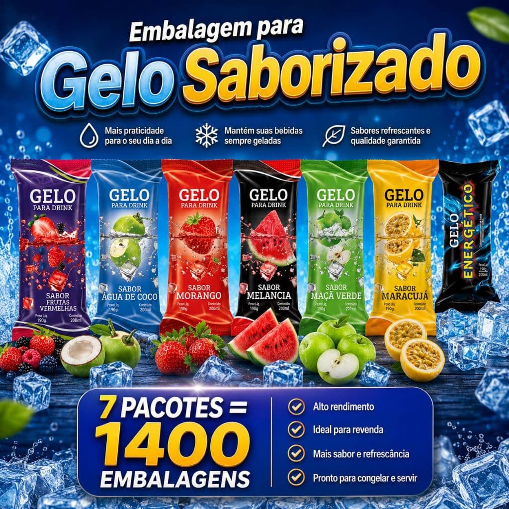 kit 7 Embalagem para Gelo Saborizado (1400 Embalagens) Bopp 9,5x21 Saco Higienico Externo Escolha o Modelo no chat