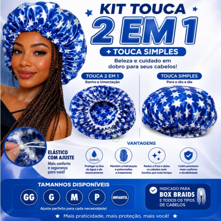 Kit Touca de Banho Cetim 2 em 1 + Touca de Cetim Simples
