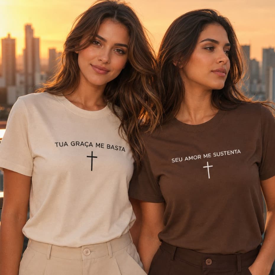 Kit 2 Camisetas Femininas Gospel Cristãs Estampadas 100% Algodão Tua Graça e Seu Amor Manga Curta