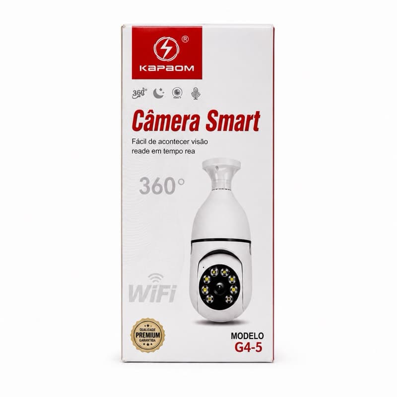 Câmera Smart Wi-Fi 360° com visão noturna, áudio bidirecional e monitoramento remoto pelo celular.