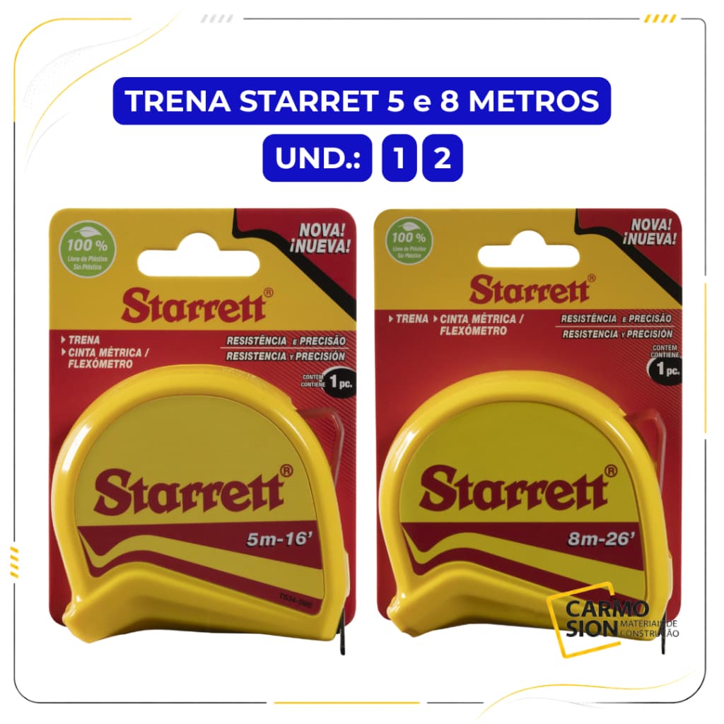 Trena de Bolso Starrett 5m e 8m Fita Métrica Trava Alta Precisão Construção Marcenaria Obras