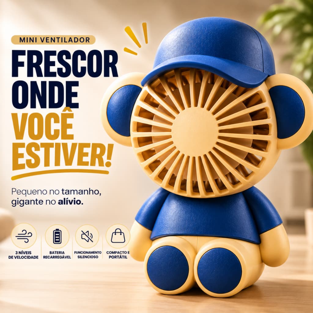 Ventilador Ursinho Recarregável USB Silencioso 3 Velocidades Mini Ventilador de Mesa Portátil