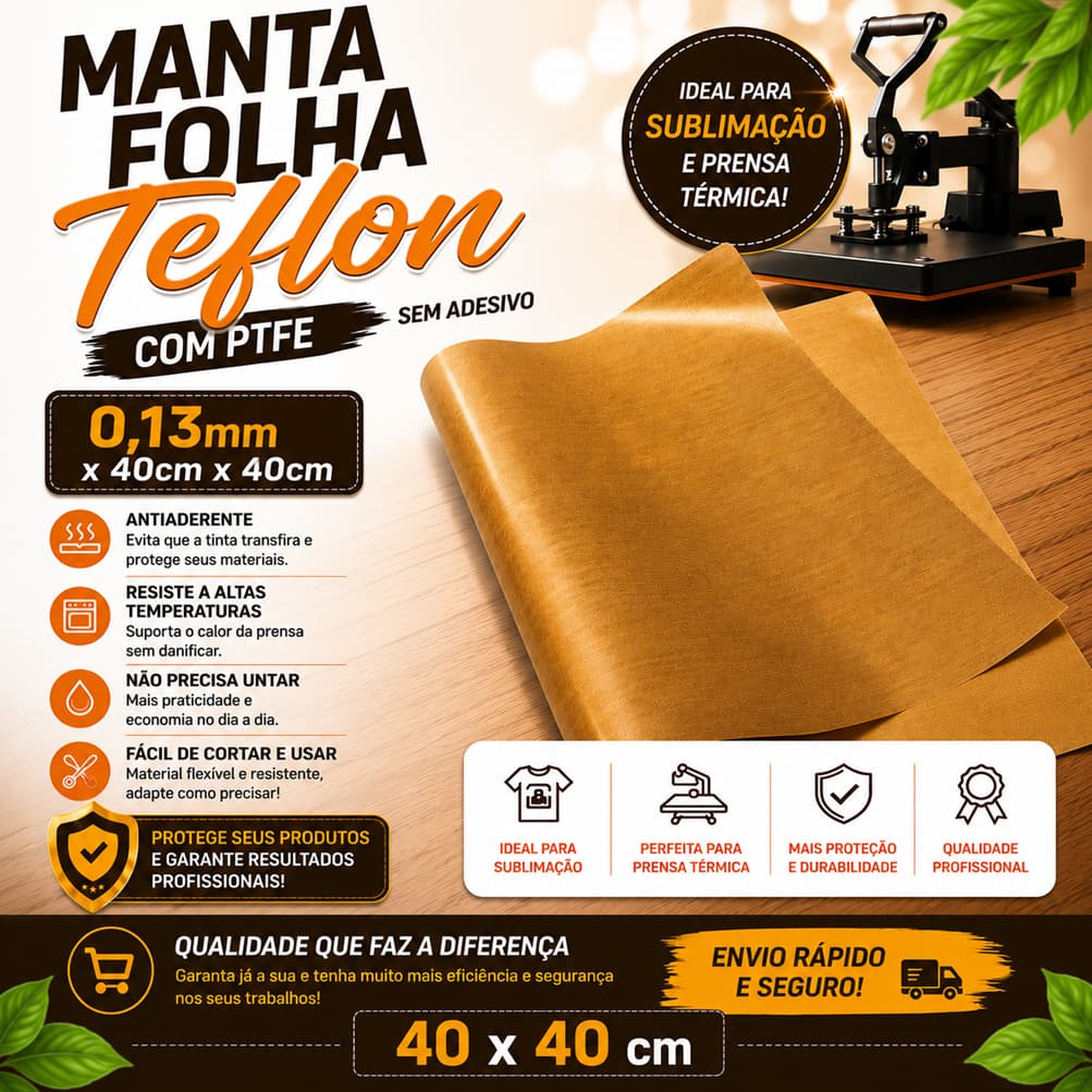 Manta Folha Teflon Sublimação 0,13mm 40cm X 40cm Sem Adesivo
