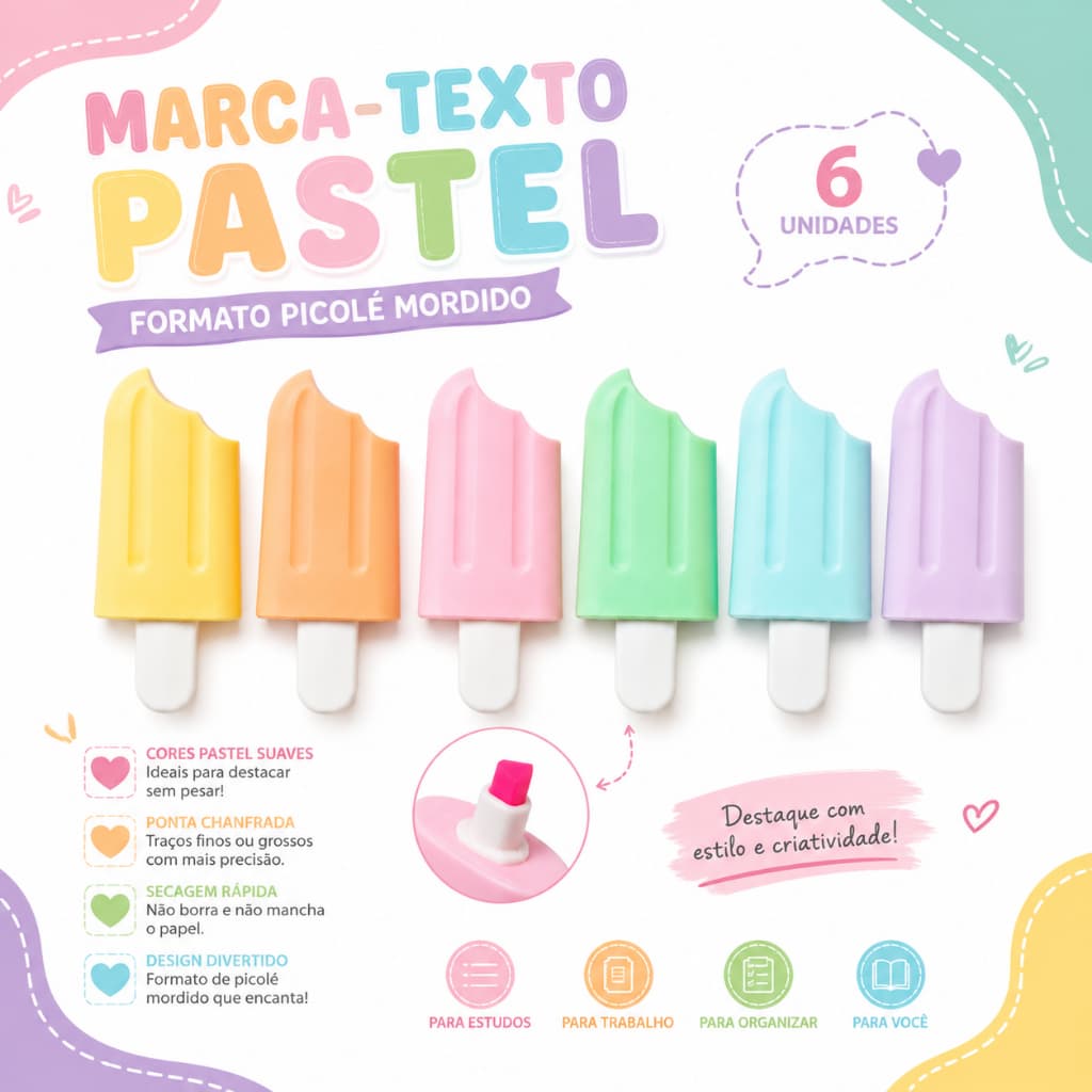Canetas Marca-Texto com Tema Divertido Pastel 6 Unidades para Planner Arte Escola Escritório