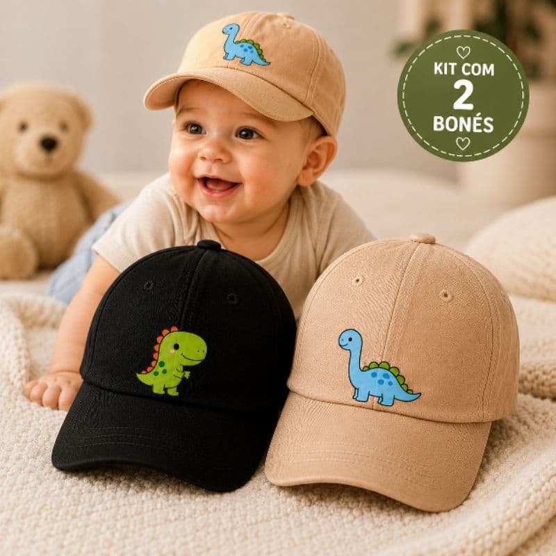 Kit 2 Bonés Bebê Menino Infantil Dinossauro Bordado Elástico Ajustável 2 a 10 Meses Proteção Solar Conforto Baby
