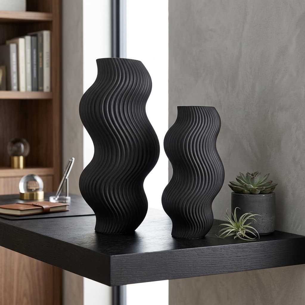 Conjunto de Vasos Ondulados Esculturais Decorativos Para Sala Escritório Mesa