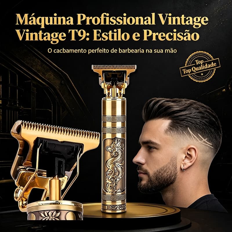 Aparador de Cabelo T9 Vintage Dragão Dourado Sem Fio Recarregável Corte Detalhado Profissional para Barba e Desenhos Cap
