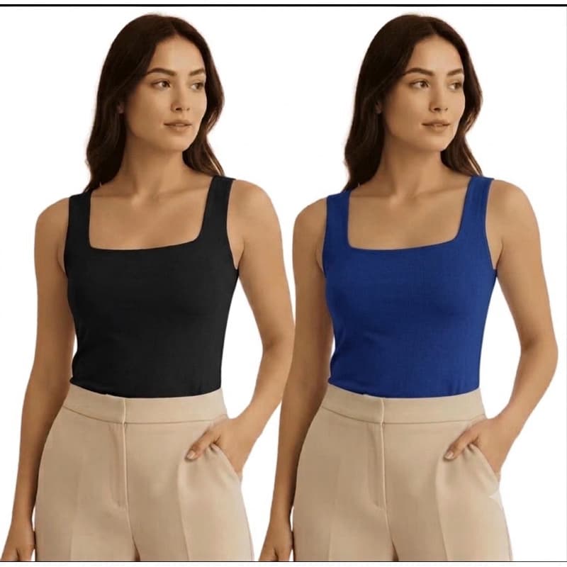 kit de 2 Regatas Feminina Suplex Decote Quadrado Alça Larga Blusa Básica Elegante -RF(01)