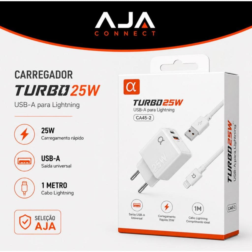 Kit Carregador Turbo 25W USB-C USB-A + Cabo Lightning 1 Metro CA45-2 α' Gold
