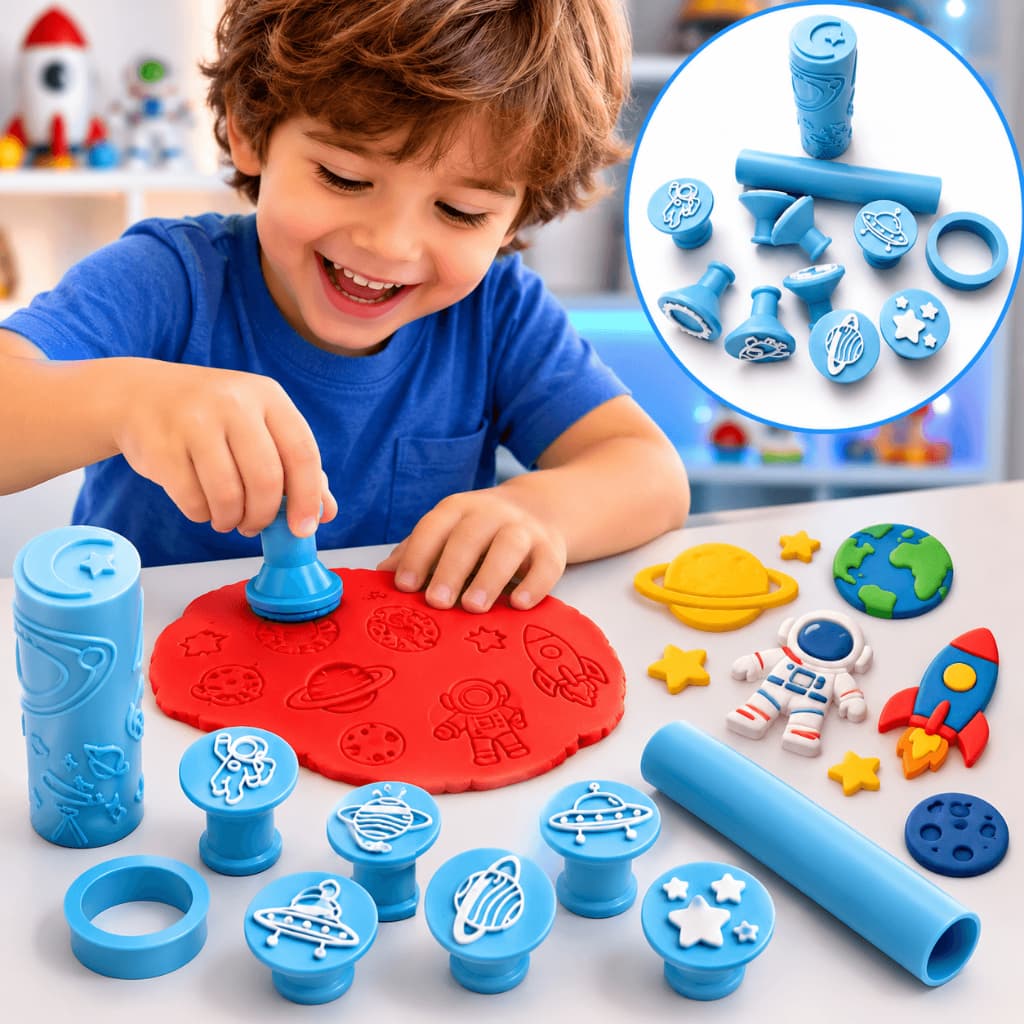 Kit Carimbos para Massinhas Tema Espaço Astronauta + Rolo Texturizado e Cortador | Brinquedo Educativo Infantil