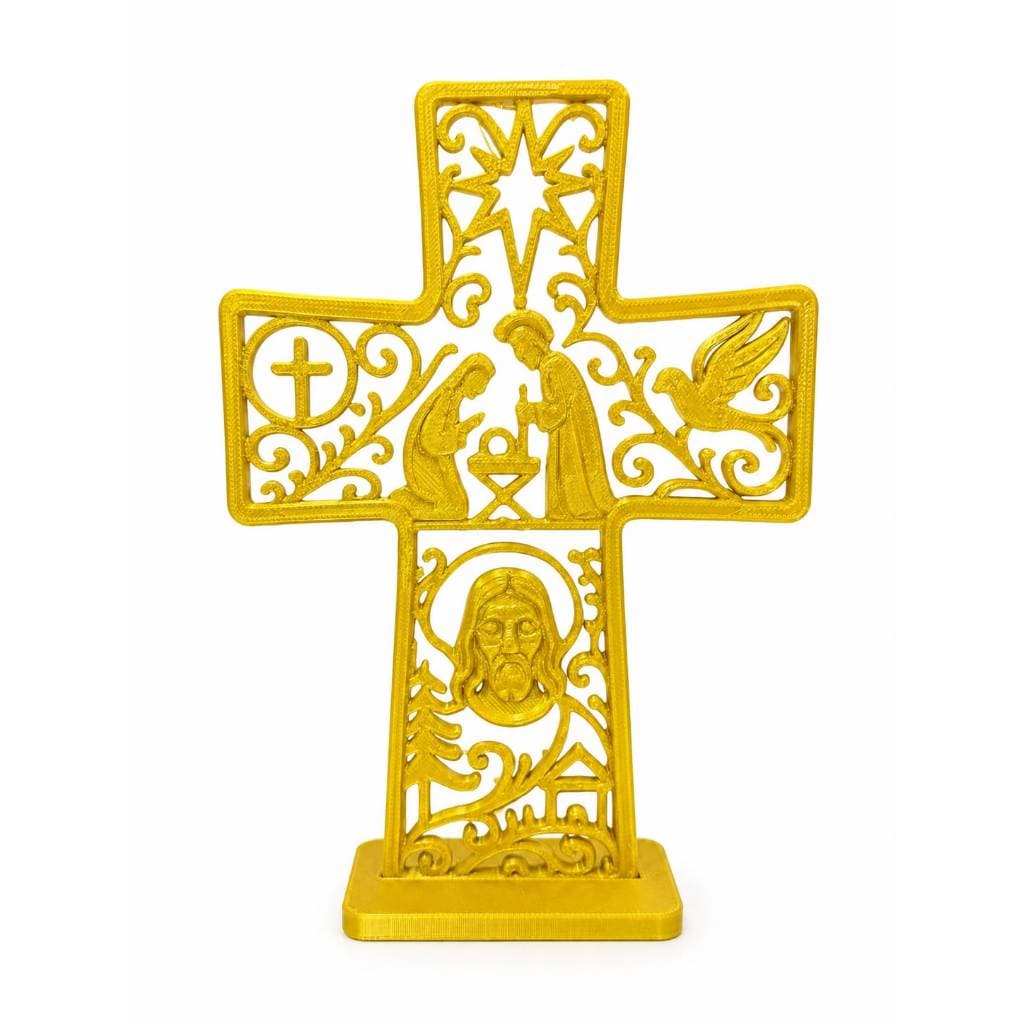 Cruz Religiosa Sagrada Família Dourada com Base – Presépio de Natal Decorativo 3D