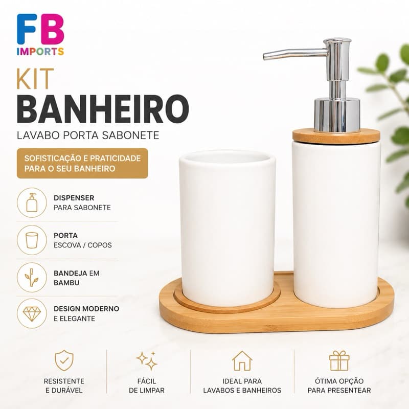 Kit Banheiro Lavabo Cerâmica | Porta Sabonete Líquido Dispenser e Porta Escova de Dente | Base de Bambu