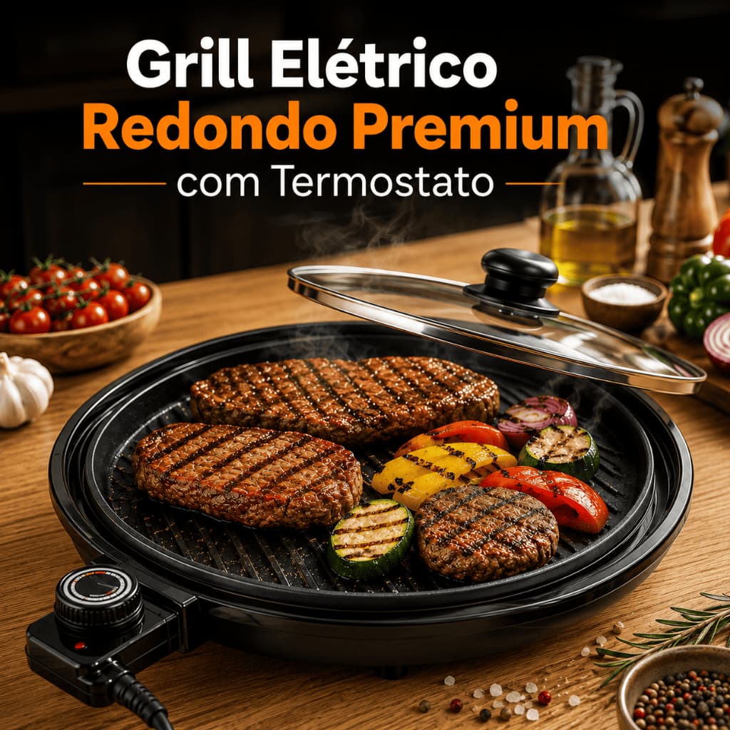 Grill Elétrico Redondo 127V OU 220V Preto Tampa Vidro Termostato Ajustável Churrasqueira Elétrica Doméstica Sem Fumaça