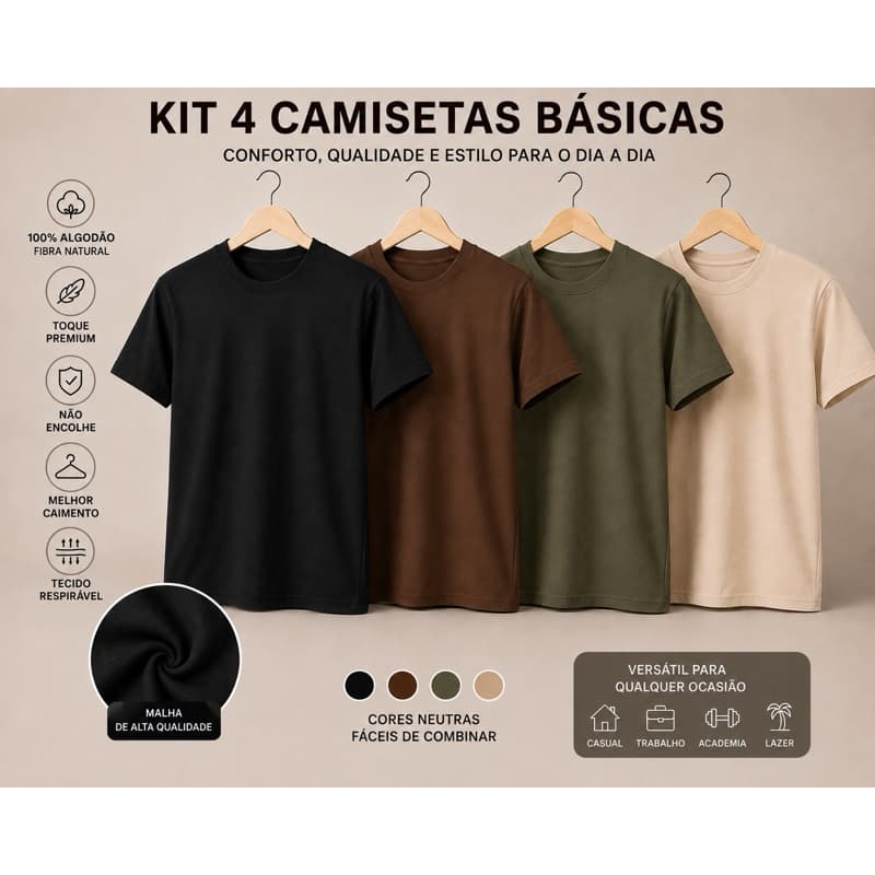 Kit 4 Camiseta Dia a Dia 100% Algodão Básica Premium Varias Cores Lisa Confortável Macia Leve Respirável P ao GG