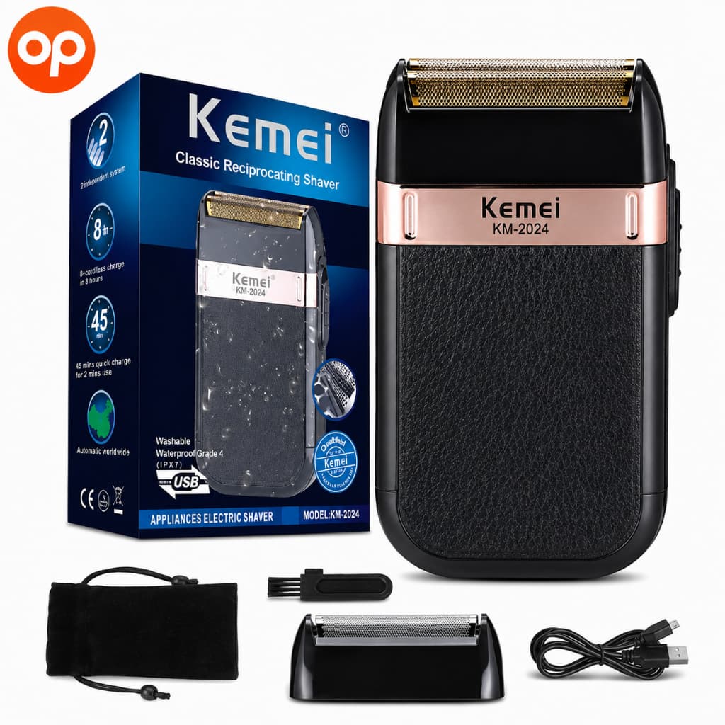 Barbeador Shaver Elétrico Kemei KM-2024 Sem Fio Recarregável 2 Lâminas para Barba Rosto Acabamento