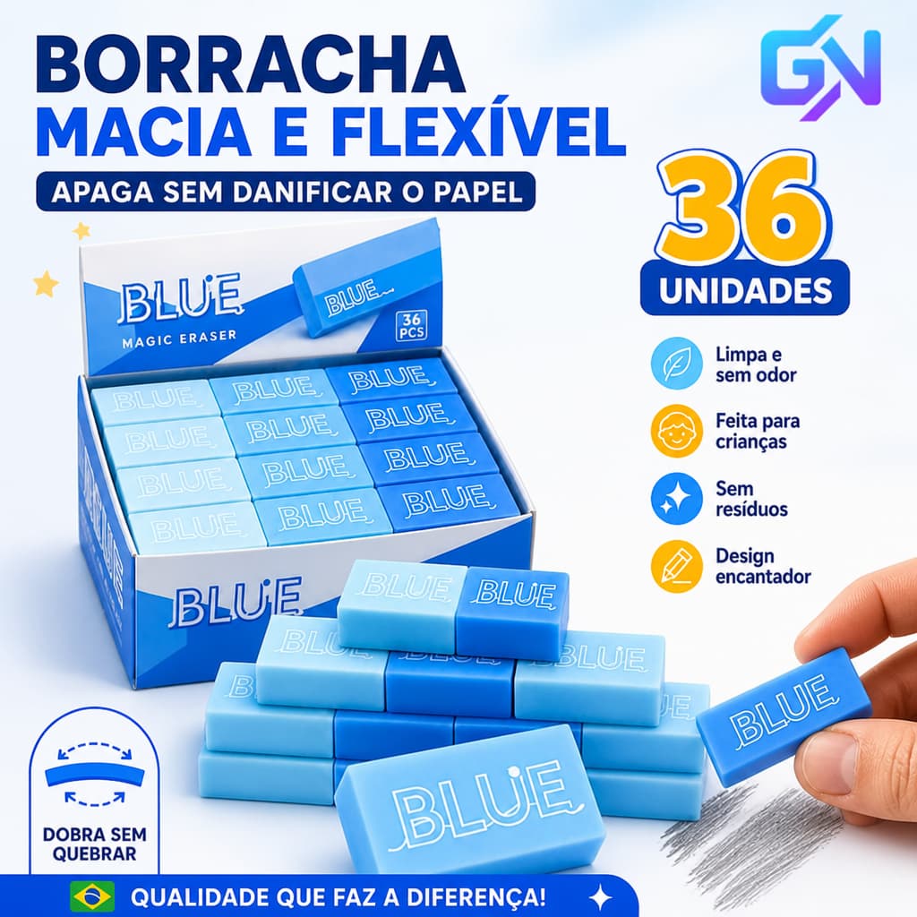 Kit 36 Borrachas Escolares Azuis Macias Sem Resíduos Espalhados para Desenho e Escrita
