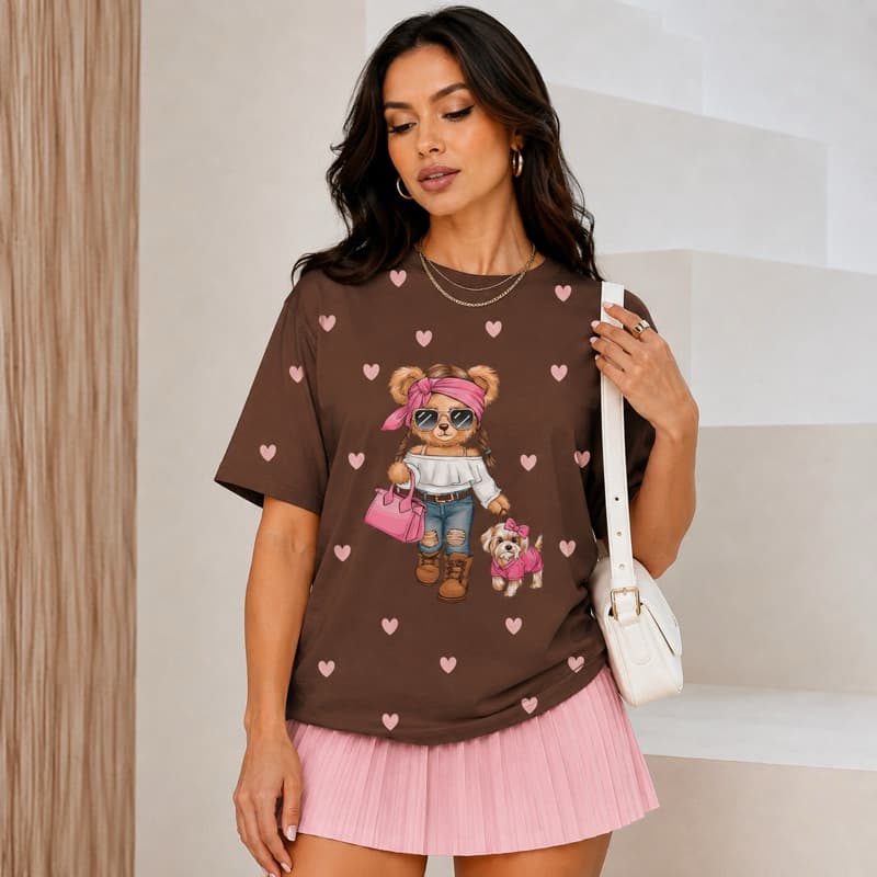 Camiseta Feminina urso fofo com Óculos e Chiclete Estampa Cute Premium 100% Algodão Casual Fashion