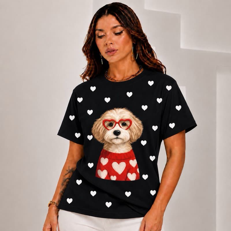 Camiseta Feminina Algodão Premium Estampa Cachorro Fofo Pet Corações Manga Curta Confortável Casual