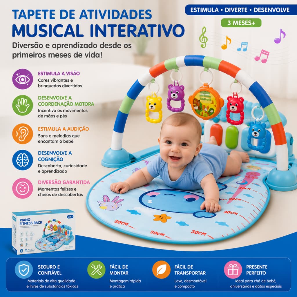 Tapete Musical para Bebê com Piano Interativo Ginásio de Atividades Desenvolvimento Sensorial Azul