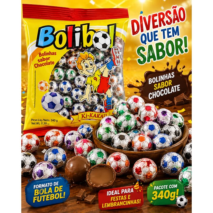 Bolibol Chocolate Bola de Futebol 340g Festa Lembrancinha 50 Bolas Zero Glutén