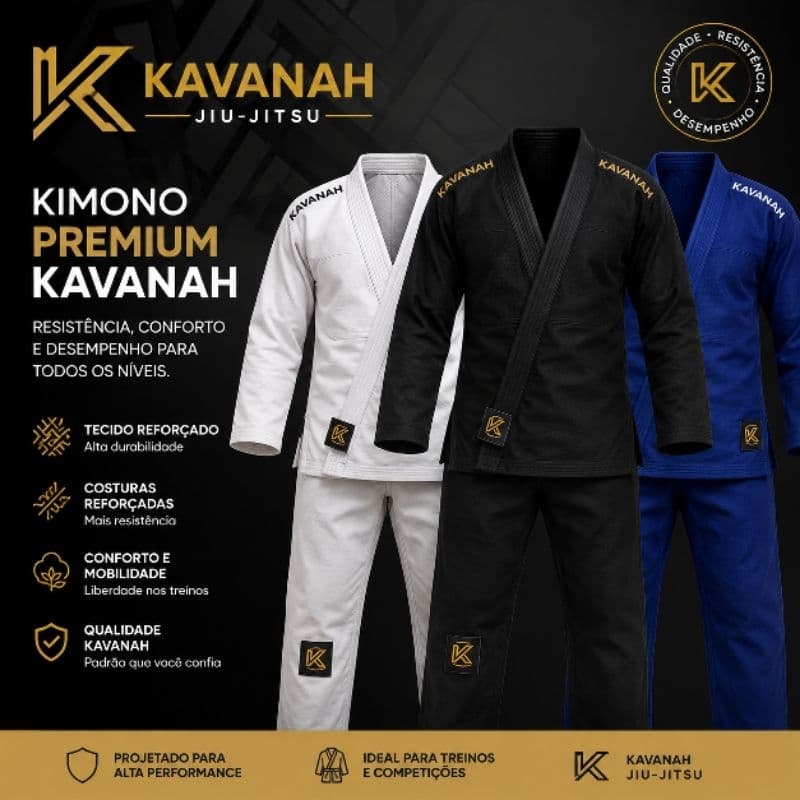 Kimono Jiu Jitsu Kavanah Adulto Trançado Reforçado Azul Royal Preto Branco A0 A1 A2 A3 A4