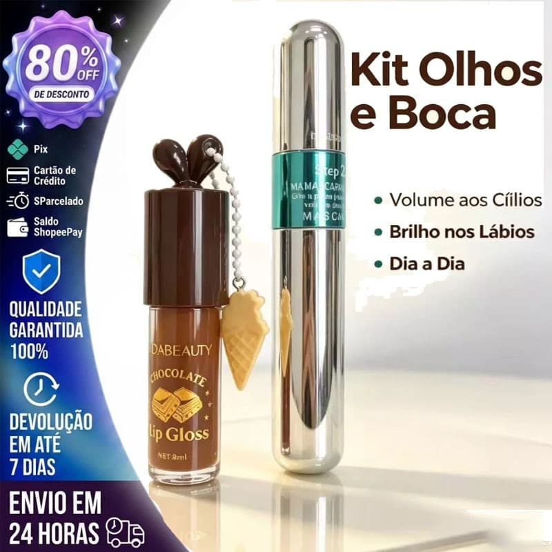 Kit Máscara para Cílios 2 em 1 Dupla Ponta Volume Alongamento + Gloss Labial Chocolate Hidratante