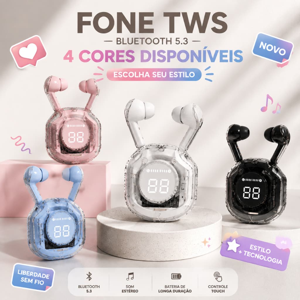 Fones De Ouvido Bluetooth Sem Fio TWS 5.3 HQAi H4 Com Redução De Ruído Para Esportes e Jogos